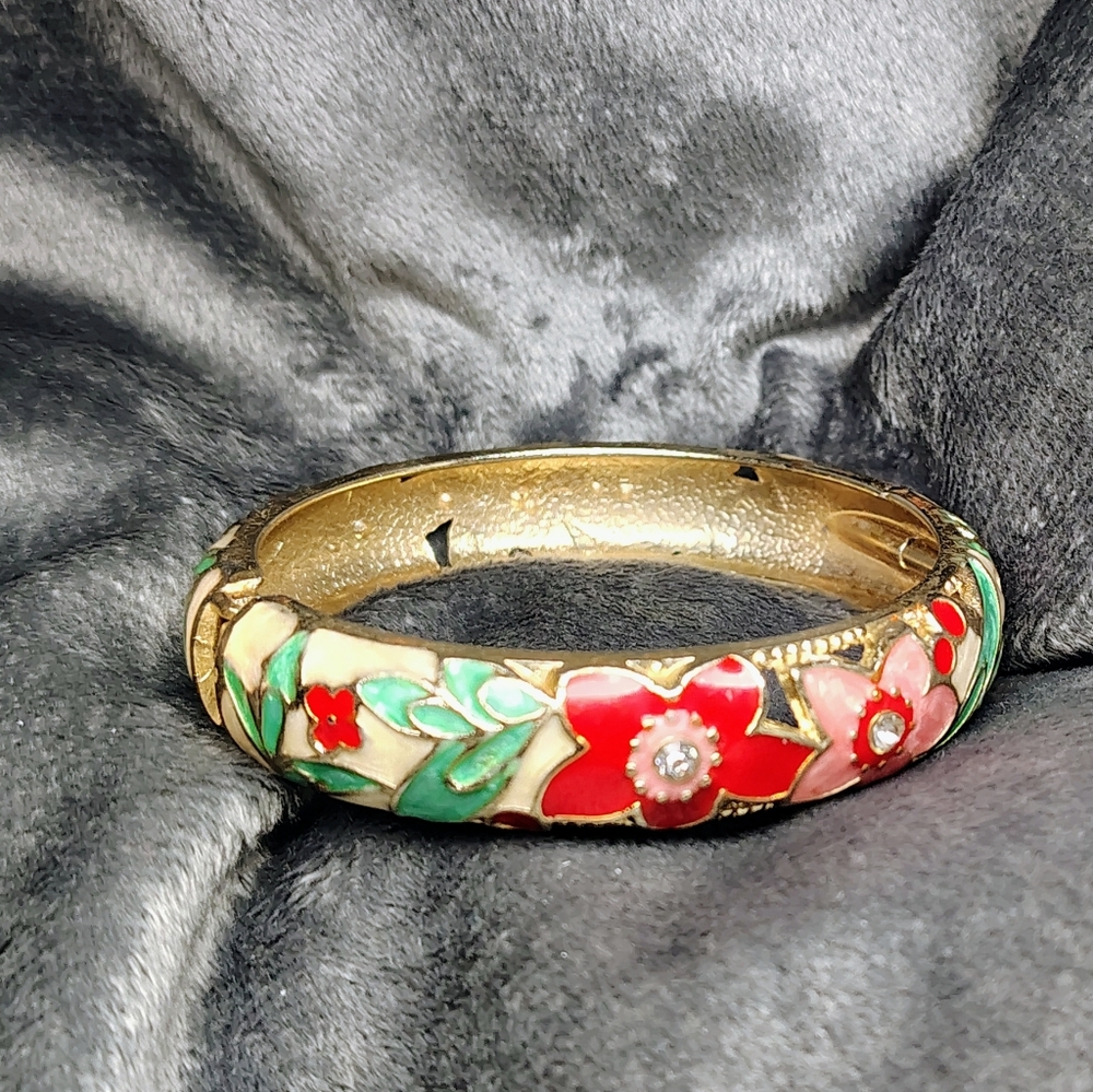 Vintage Bracelet Bangle JIU LONG XING Enamel Flowers With Crystal Detail